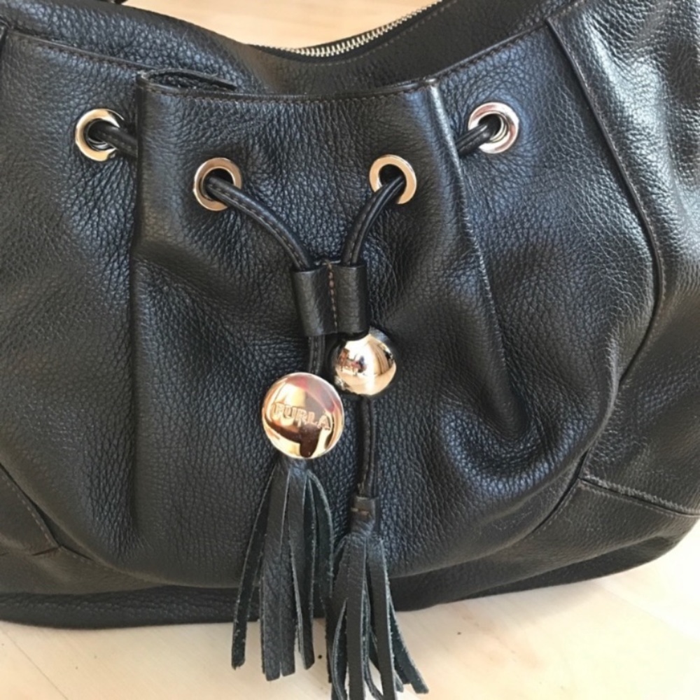 Black pebbled leather furla hobo bag